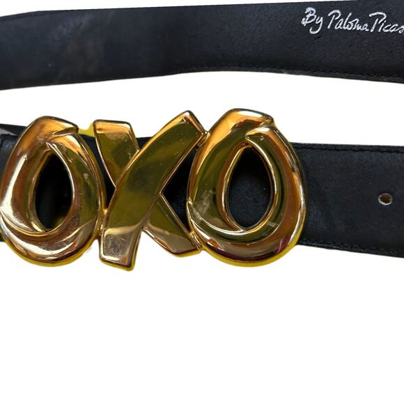 Vintage Paloma Picasso OXO Gold Tone Buckle Black Leather Belt -